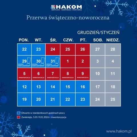 Harmonogram pracy HAKOM - Przerwa świąteczno-noworoczna